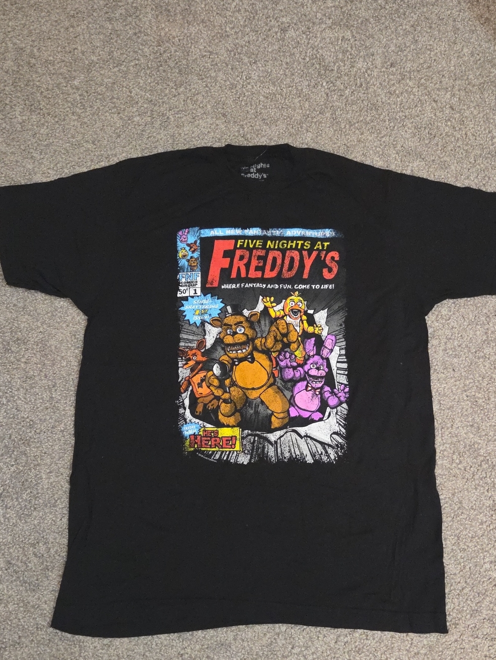 Freddy Black Graphic Tee with Multicolor Animatronic Print NWOT Large FNAF